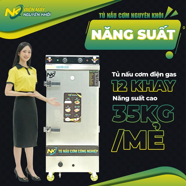Tủ cơm công nghiệp 12 khay điện gas Năng suất của tủ cơm 50 kg