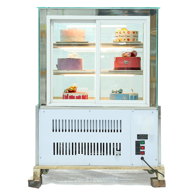 Tủ bánh kem 90cm kính vuông 3 tầng inox