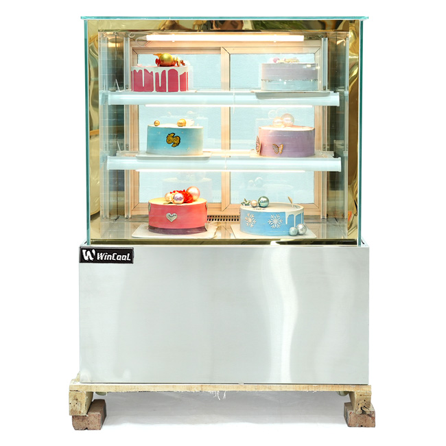 Tủ bánh kem 90cm kính vuông 3 tầng inox