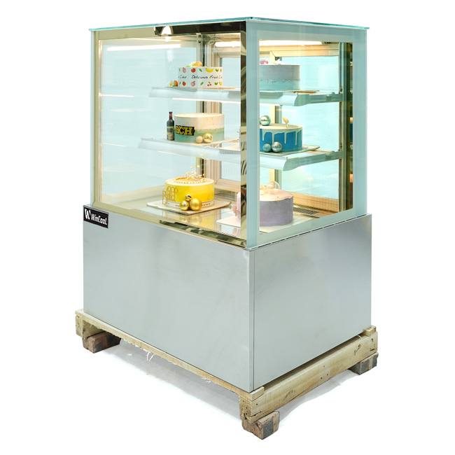 Tủ bánh kem 90cm kính vuông 3 tầng inox